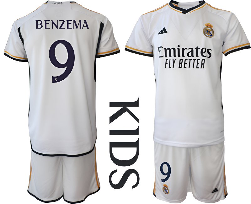 Benzema 9 Dětský Domácí Real Madrid 2023/24 Fotbalový Dres Krátký Rukáv - Bílý