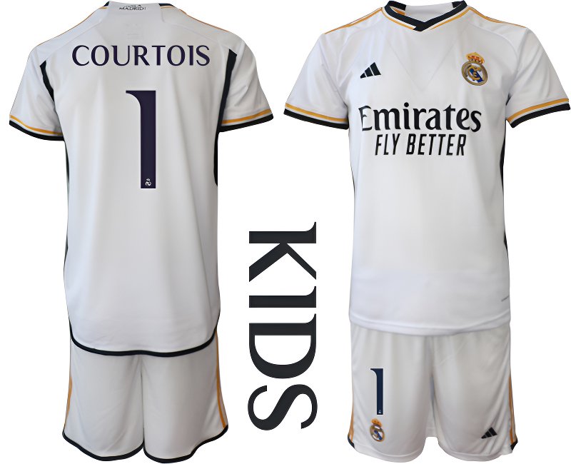 Dětský Fotbalový dres set Courtois 1 Real Madrid 2023/24 Domácí Krátký Rukáv - bílý