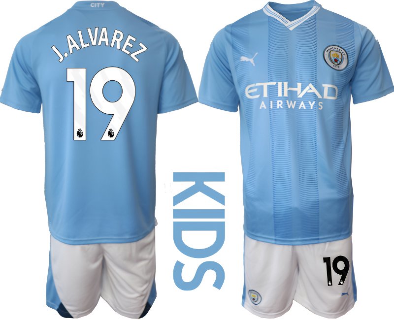 Dětský domácí fotbalový dres Komplet J.Alvarez 19 Manchester City 2023/24 modrý