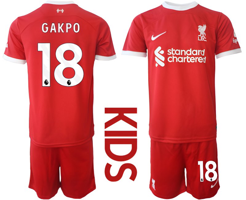 Fotbalové dresy Liverpool 2023-24 Gakpo 18 Dětské Domácí Dres Krátký Rukáv