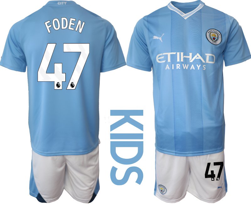 Fotbalové dresy Manchester City 2023-24 Foden 47 Dětské Domácí Dres Krátký Rukáv