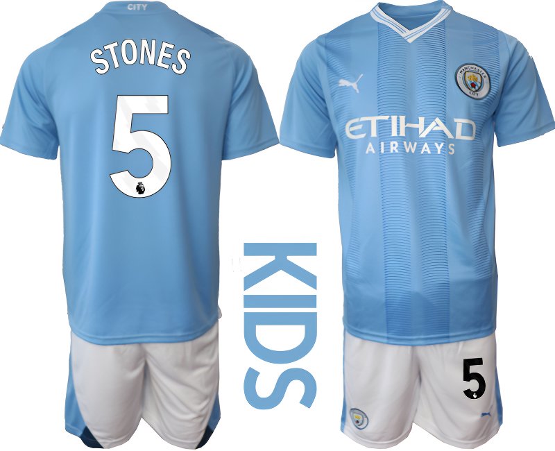 Manchester City Dětské Fotbalové Dresy Komplet 2023-24 Stones 5 Domácí